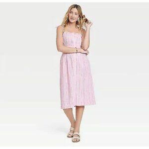 Universal Thread Dress Womens Size Large Pink Linen Midi Tie Straps Ruched